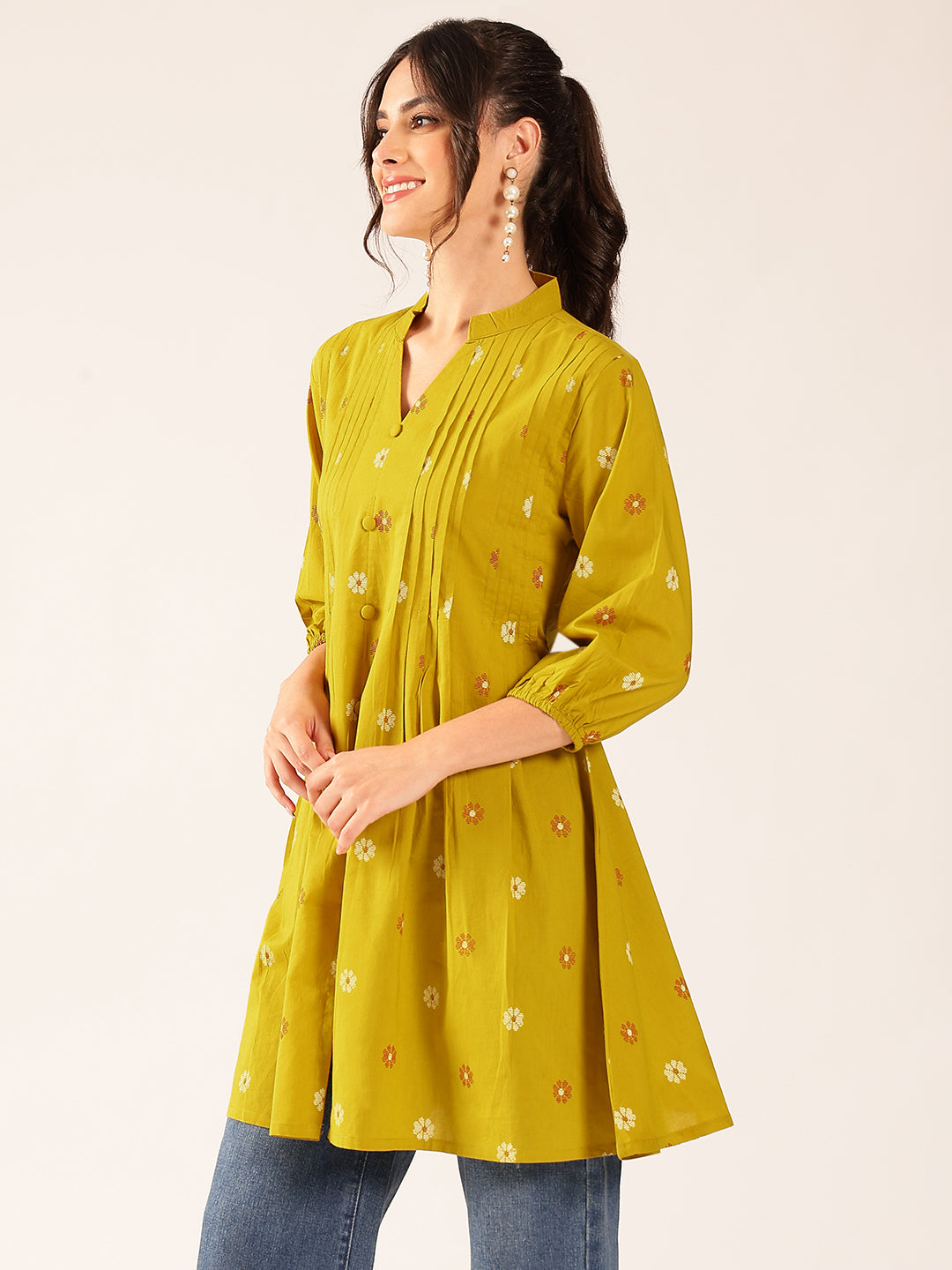 Mustard Floral A-Line Cotton Stitched Kurta
