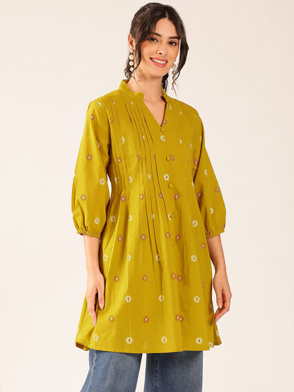 Mustard Floral A-Line Cotton Stitched Kurta
