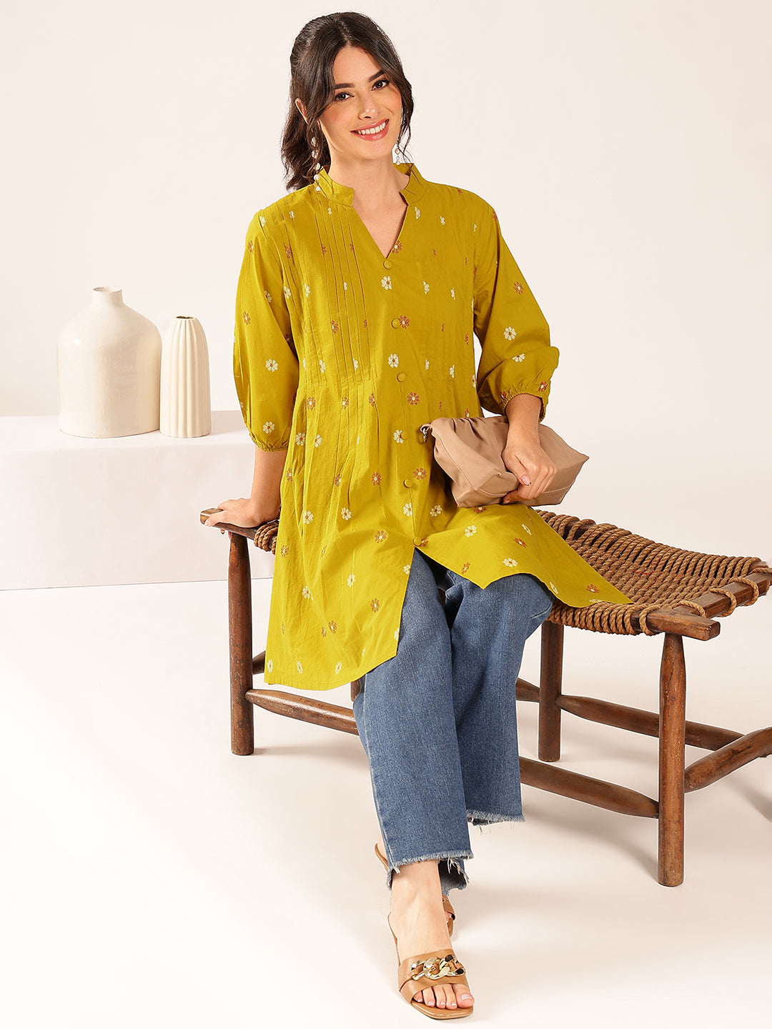 Mustard Floral A-Line Cotton Stitched Kurta