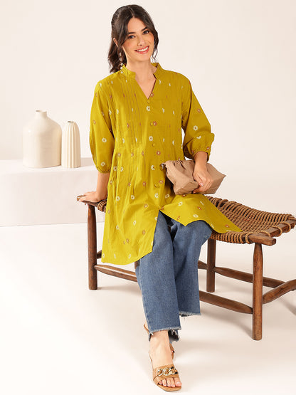 Mustard Floral A-Line Cotton Stitched Kurta