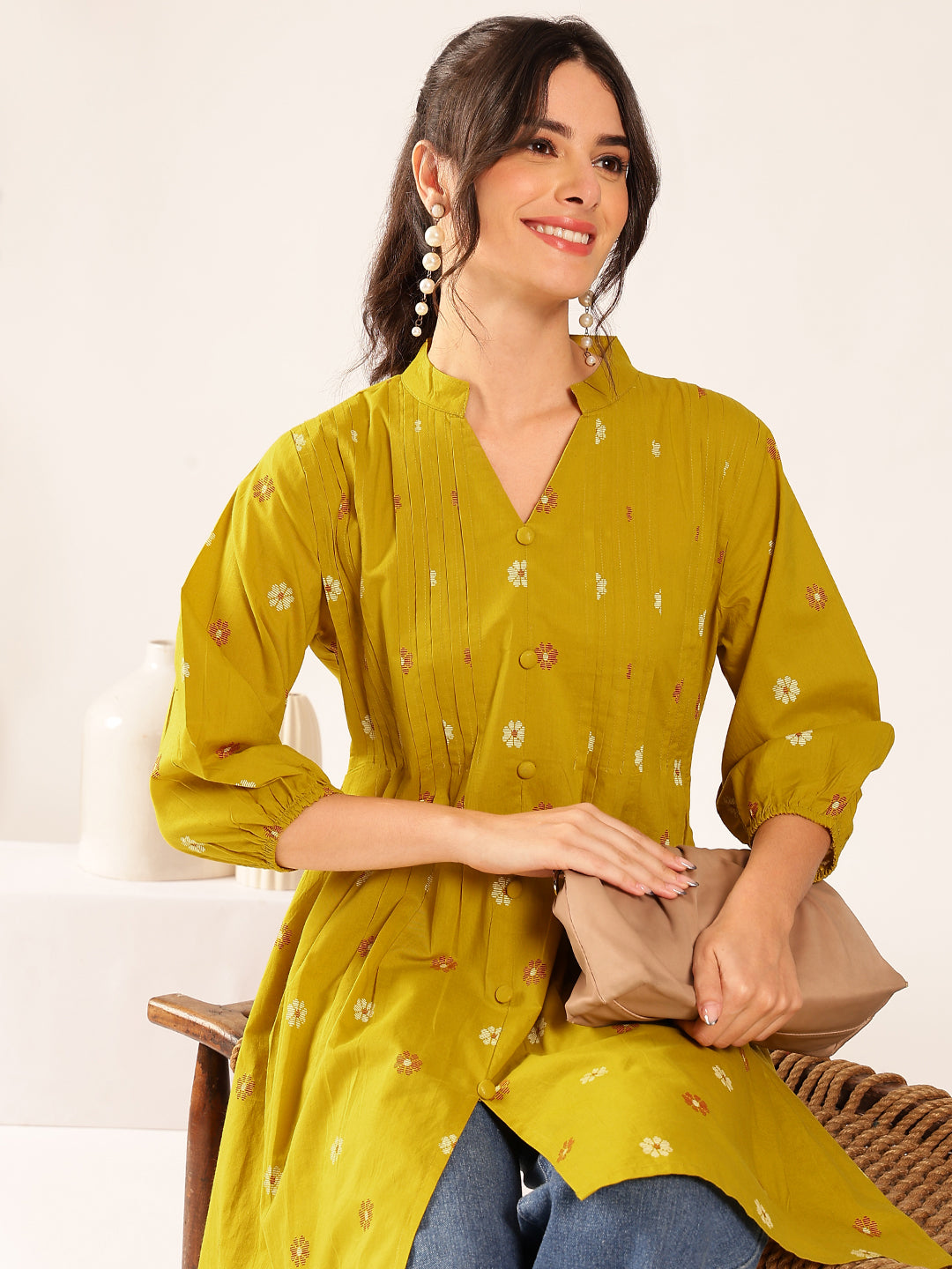 Mustard Floral A-Line Cotton Stitched Kurta
