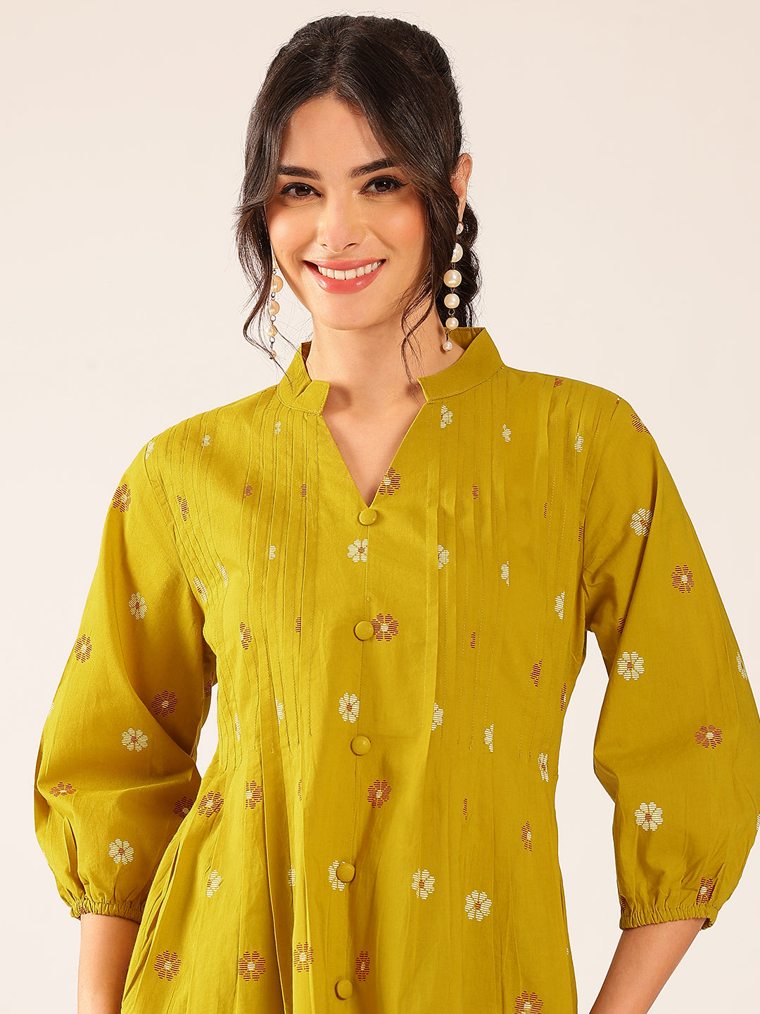 Mustard Floral A-Line Cotton Stitched Kurta