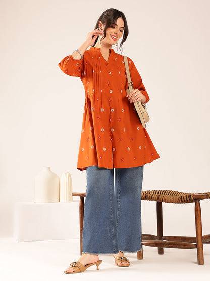 Rust Floral A-Line Cotton Stitched Kurta