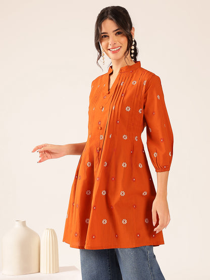Rust Floral A-Line Cotton Stitched Kurta