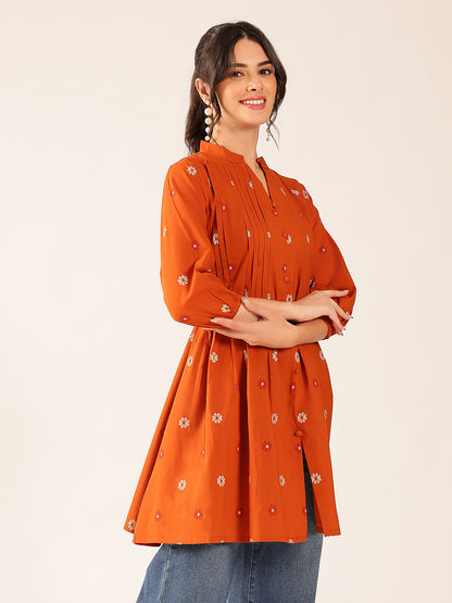 Rust Floral A-Line Cotton Stitched Kurta