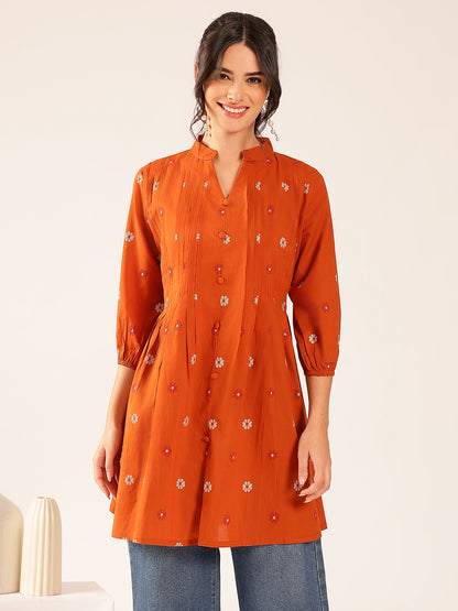 Rust Floral A-Line Cotton Stitched Kurta