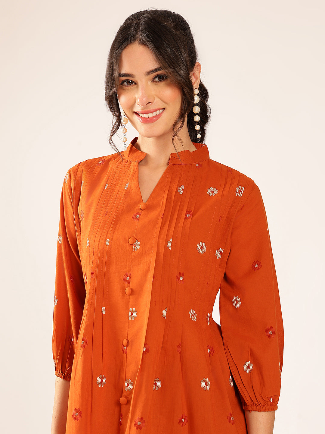 Rust Floral A-Line Cotton Stitched Kurta