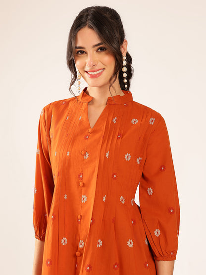 Rust Floral A-Line Cotton Stitched Kurta
