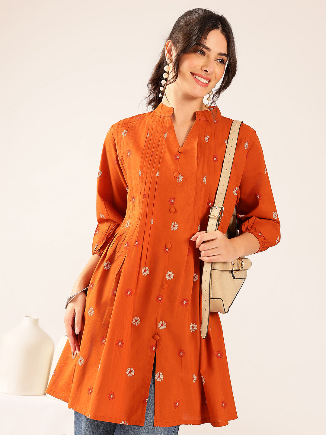 Rust Floral A-Line Cotton Stitched Kurta