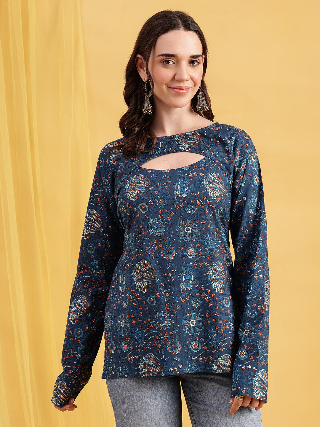 Blue Floral Straight Cotton Stitched Tunic