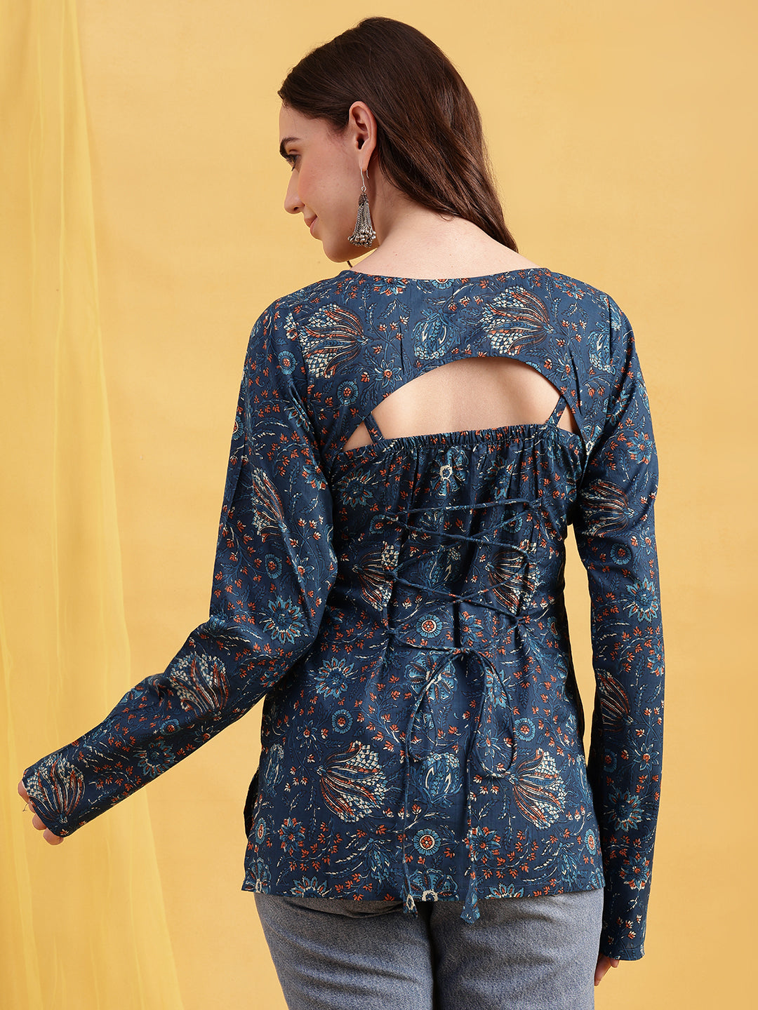 Blue Floral Straight Cotton Stitched Tunic