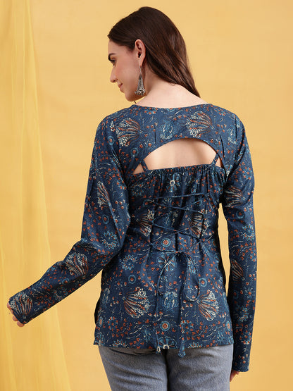 Blue Floral Straight Cotton Stitched Tunic