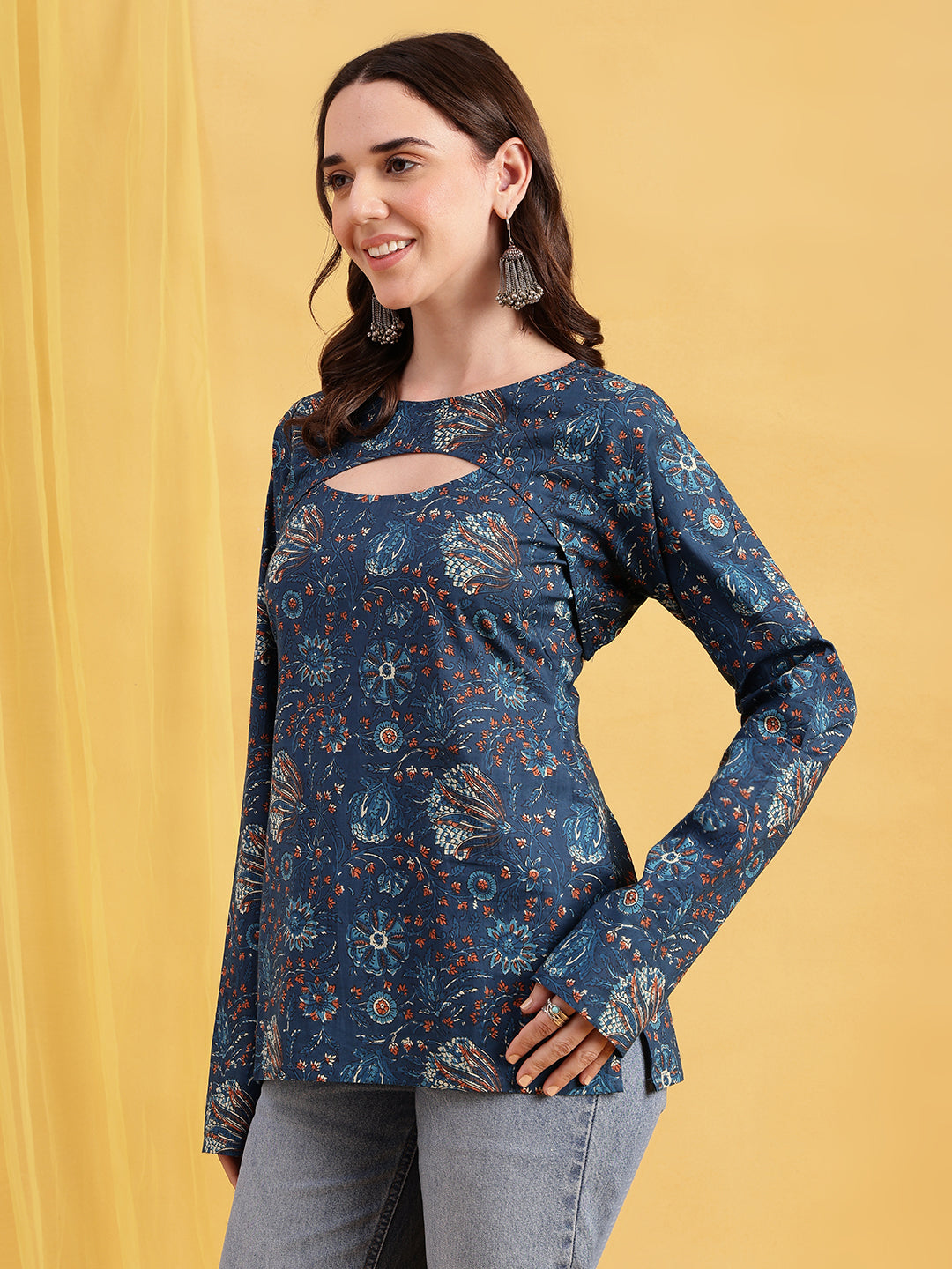 Blue Floral Straight Cotton Stitched Tunic