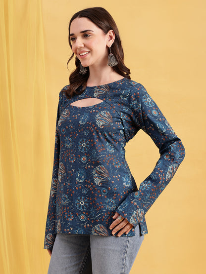 Blue Floral Straight Cotton Stitched Tunic
