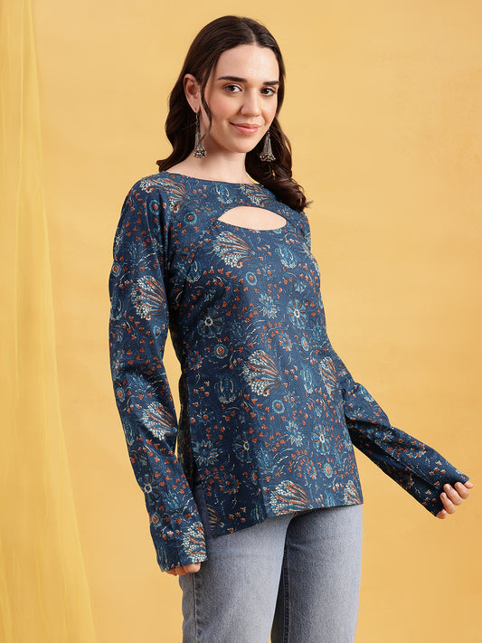 Blue Floral Straight Cotton Stitched Tunic