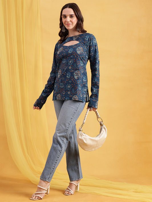 Blue Floral Straight Cotton Stitched Tunic