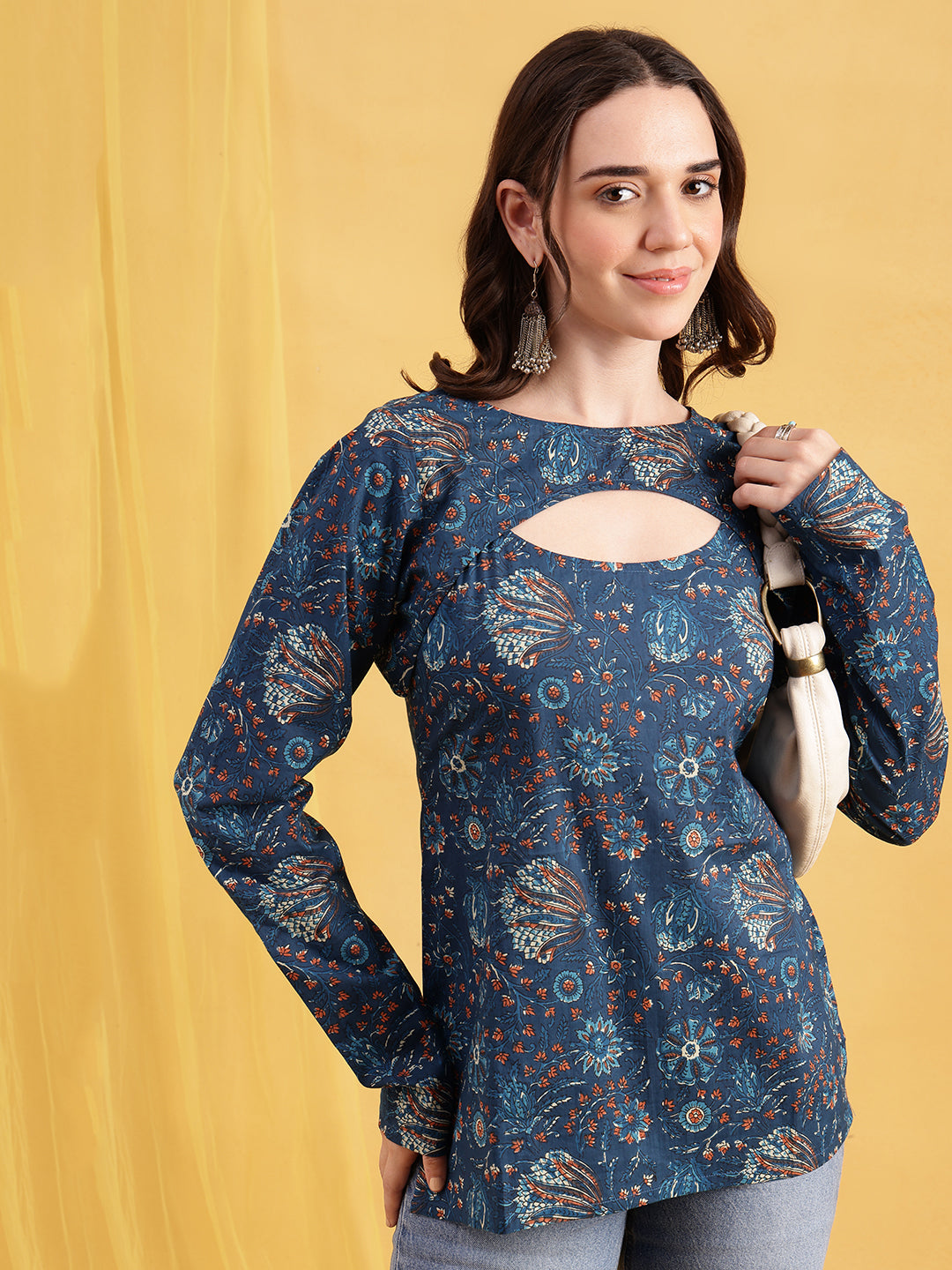 Blue Floral Straight Cotton Stitched Tunic