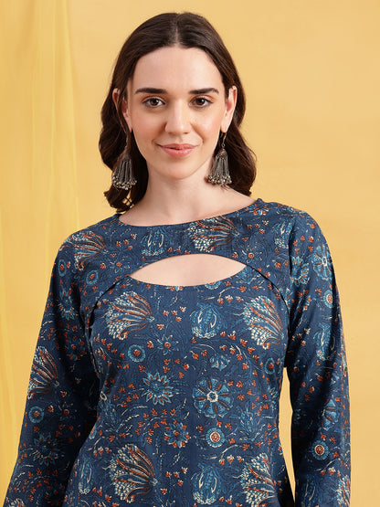 Blue Floral Straight Cotton Stitched Tunic