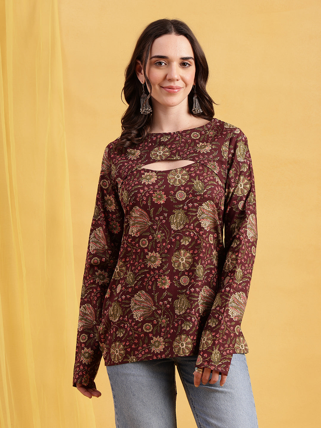Wine Floral Straight Cotton Stitched Tunic