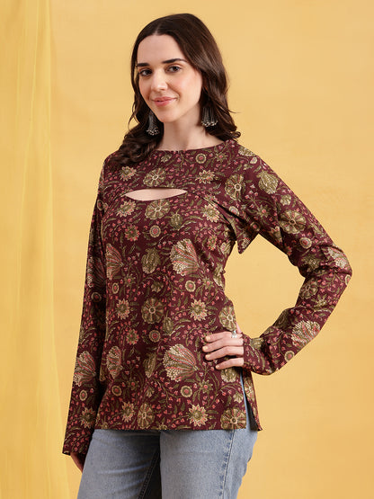 Wine Floral Straight Cotton Stitched Tunic