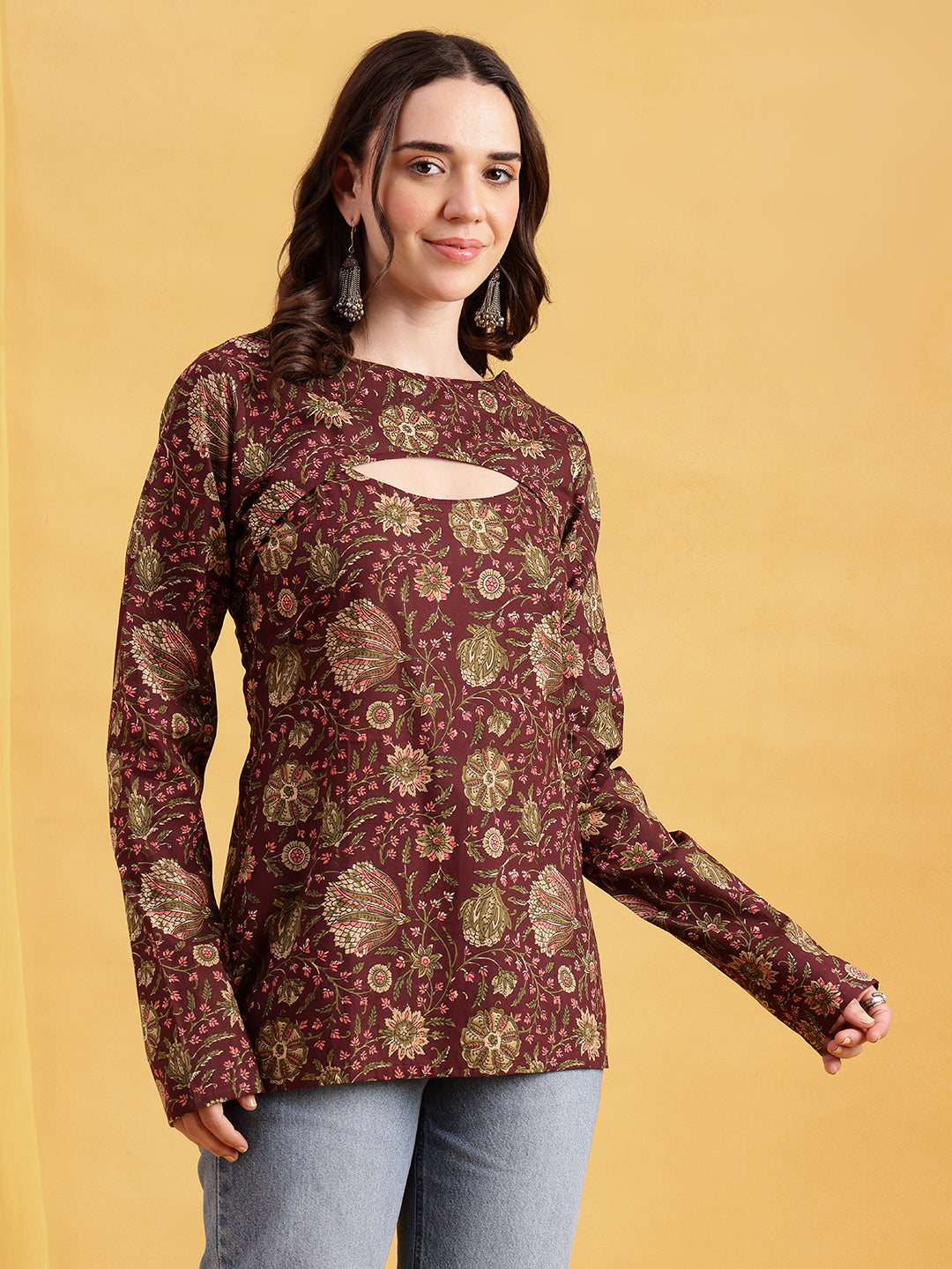 Wine Floral Straight Cotton Stitched Tunic