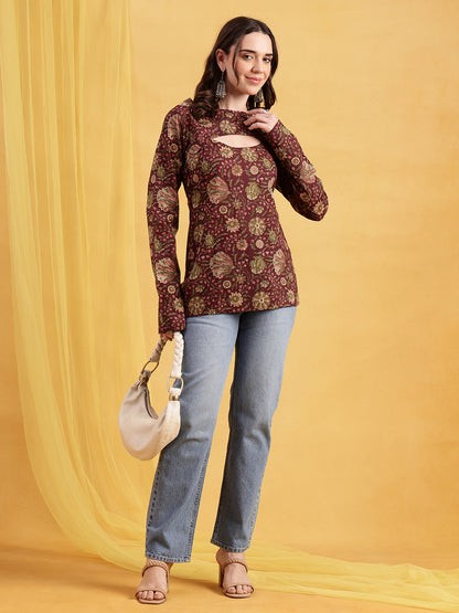 Wine Floral Straight Cotton Stitched Tunic