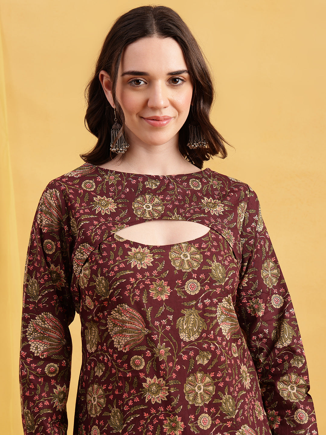 Wine Floral Straight Cotton Stitched Tunic