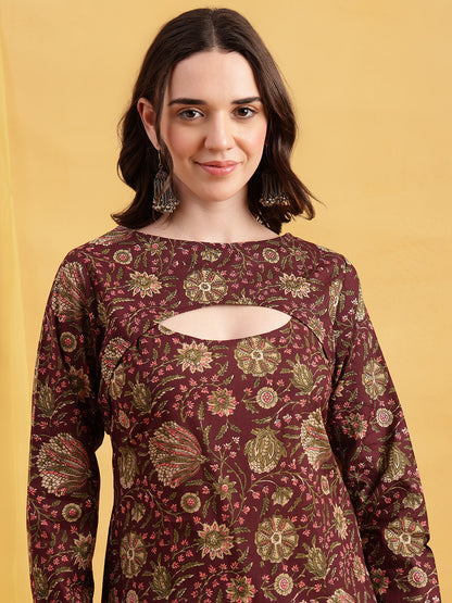 Wine Floral Straight Cotton Stitched Tunic