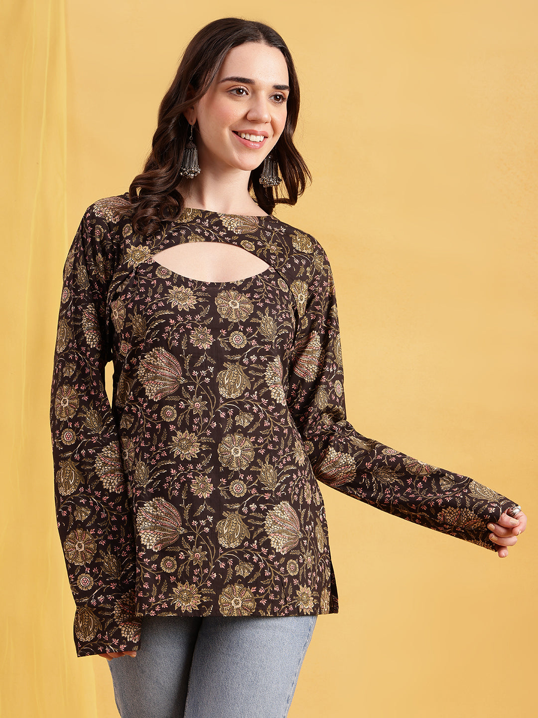 Dark Brown Floral Straight Cotton Stitched Tunic