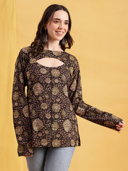 Dark Brown Floral Straight Cotton Stitched Tunic