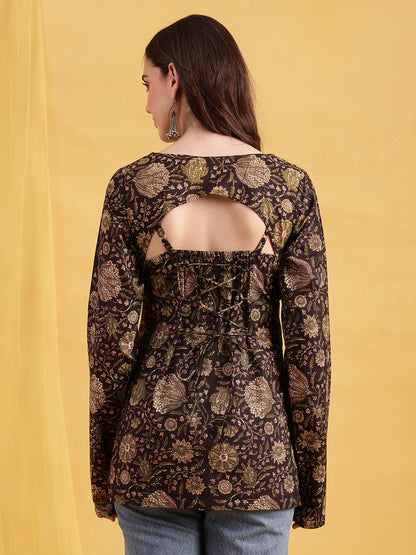 Dark Brown Floral Straight Cotton Stitched Tunic