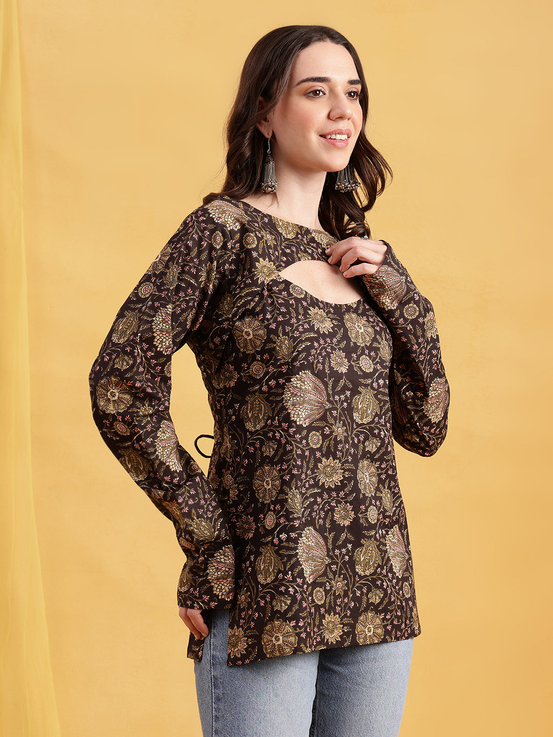 Dark Brown Floral Straight Cotton Stitched Tunic