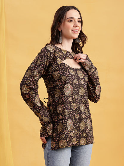 Dark Brown Floral Straight Cotton Stitched Tunic