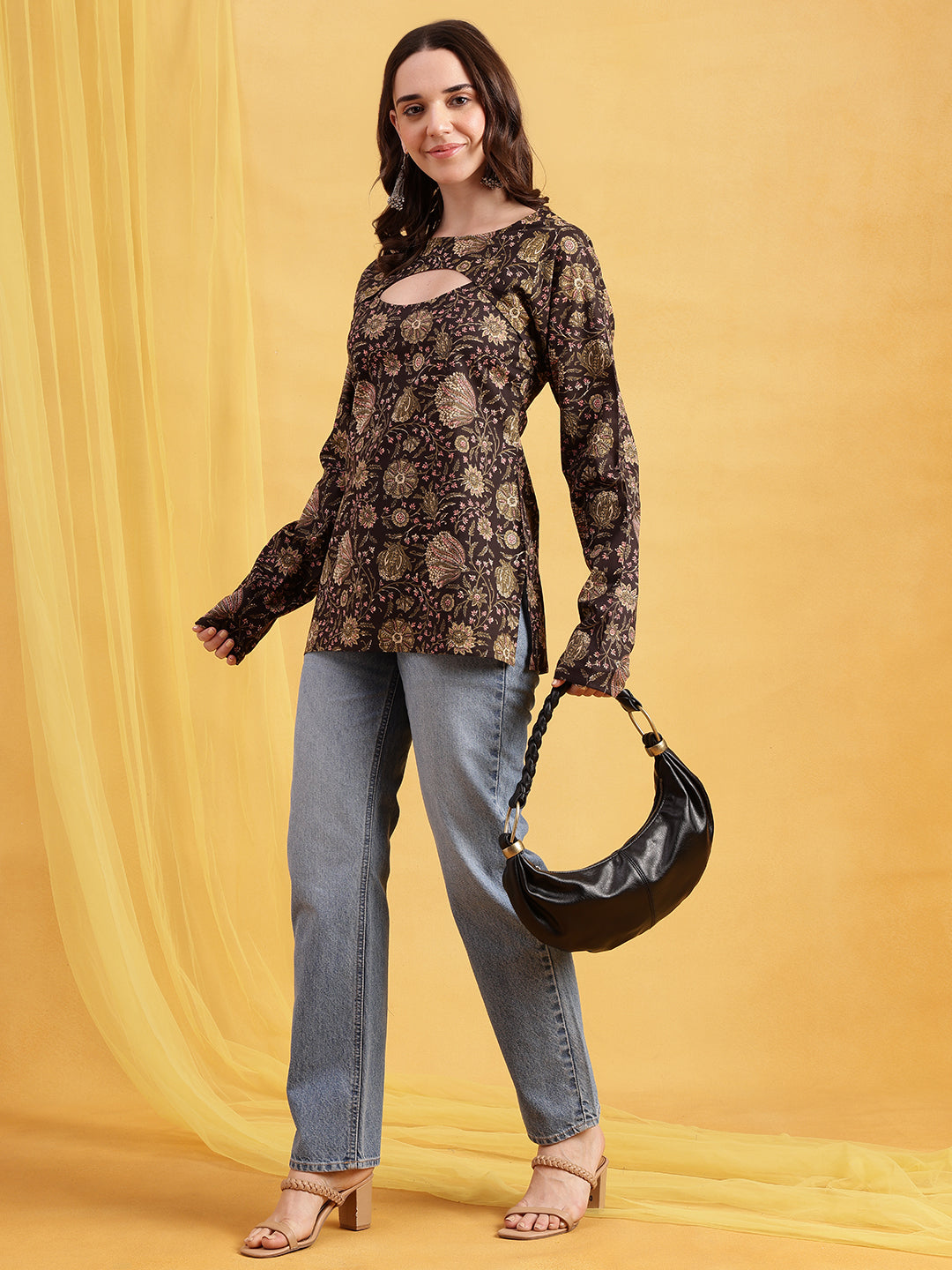 Dark Brown Floral Straight Cotton Stitched Tunic
