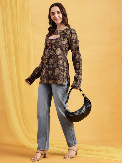 Dark Brown Floral Straight Cotton Stitched Tunic