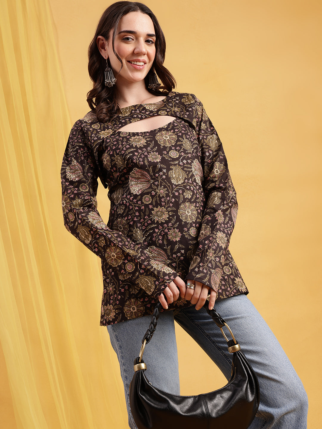 Dark Brown Floral Straight Cotton Stitched Tunic