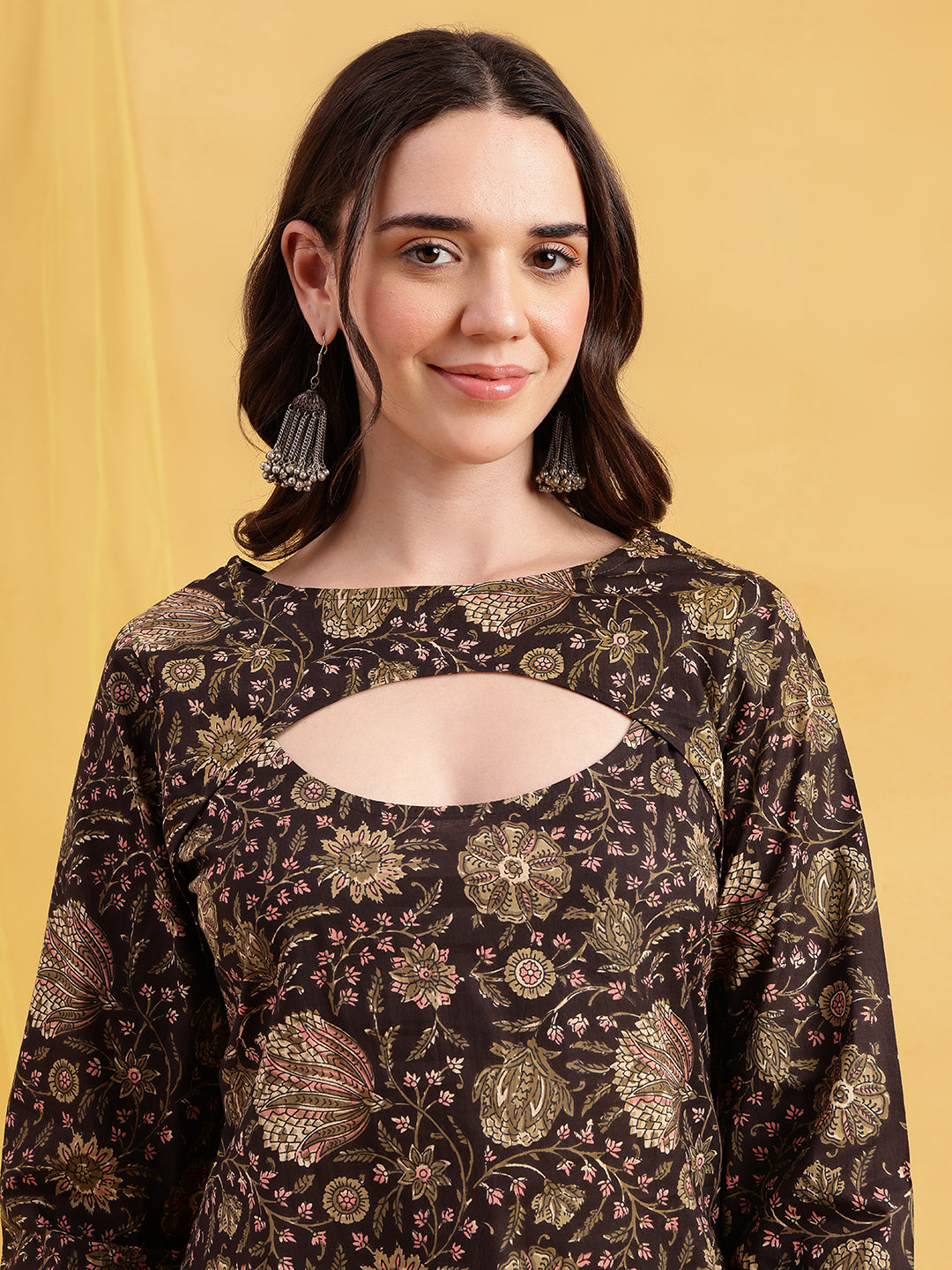 Dark Brown Floral Straight Cotton Stitched Tunic