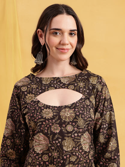 Dark Brown Floral Straight Cotton Stitched Tunic