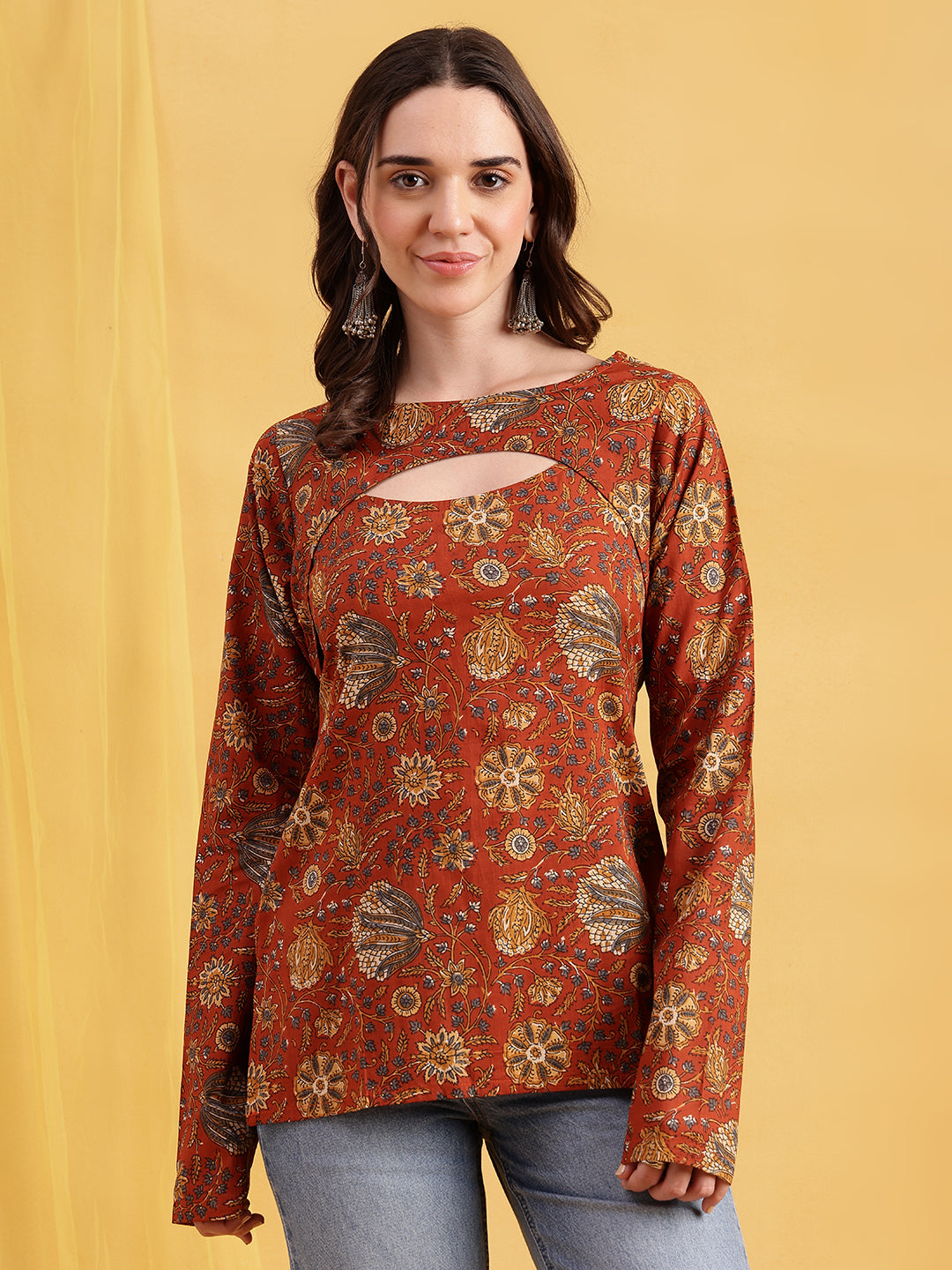 Rust Floral Straight Cotton Stitched Tunic
