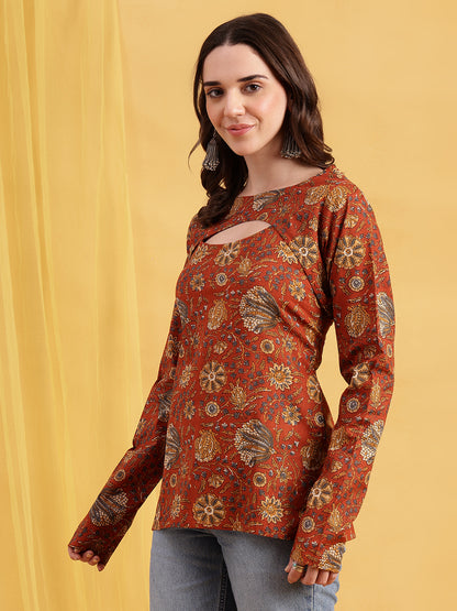 Rust Floral Straight Cotton Stitched Tunic