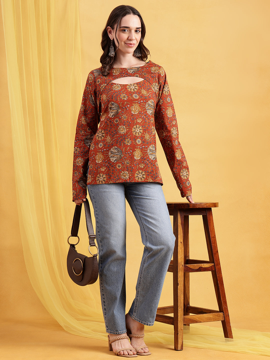 Rust Floral Straight Cotton Stitched Tunic