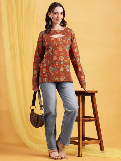 Rust Floral Straight Cotton Stitched Tunic