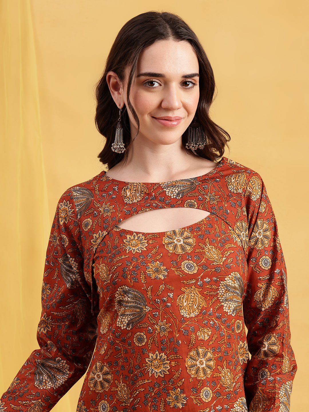 Rust Floral Straight Cotton Stitched Tunic
