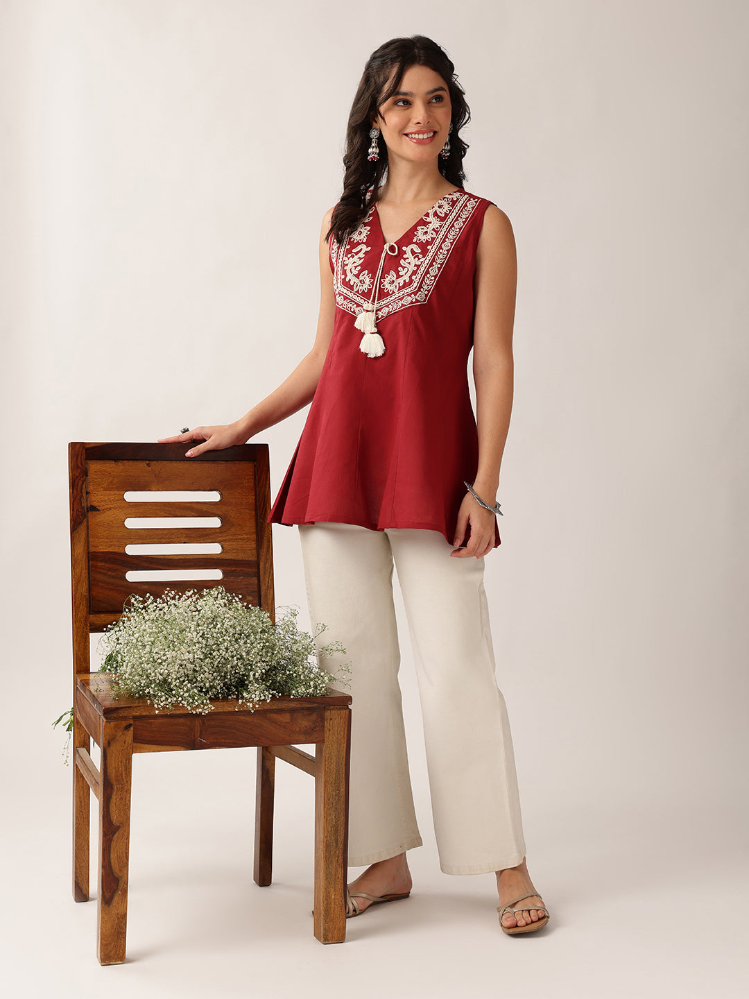 Maroon Floral A-Line Cotton Tunic