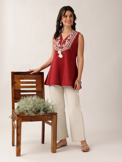 Maroon Floral A-Line Cotton Tunic