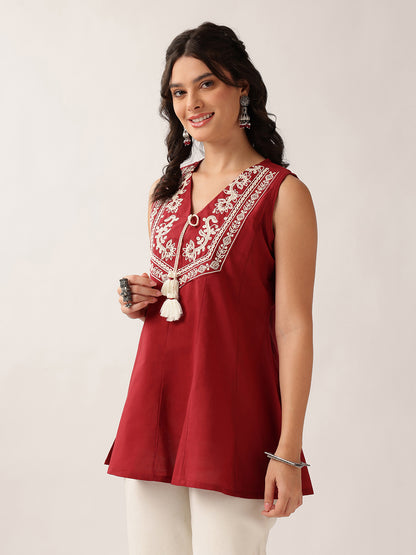 Maroon Floral A-Line Cotton Tunic