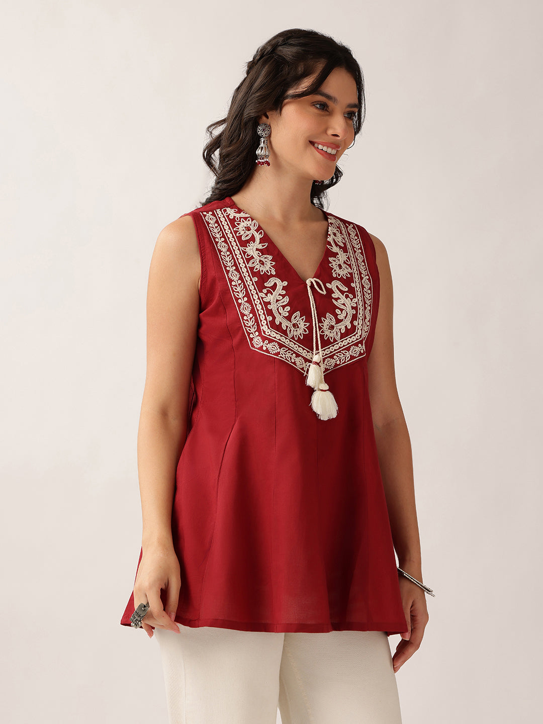 Maroon Floral A-Line Cotton Tunic