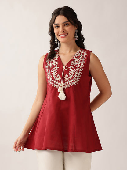 Maroon Floral A-Line Cotton Tunic
