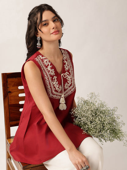 Maroon Floral A-Line Cotton Tunic