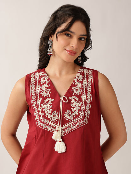 Maroon Floral A-Line Cotton Tunic